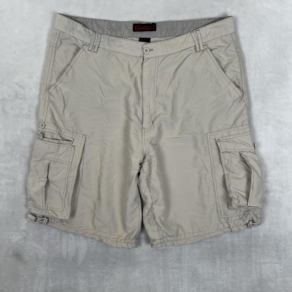 Vintage Plugg Cargo Shorts Mens 38 Beige 10 Inseam Utility Pockets Y2K